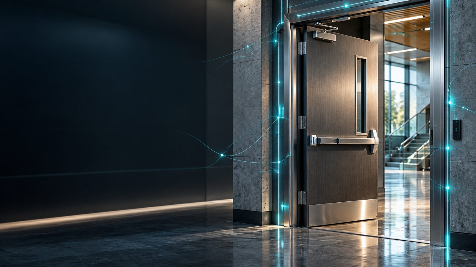 Steel specialty door with glowing digital outline