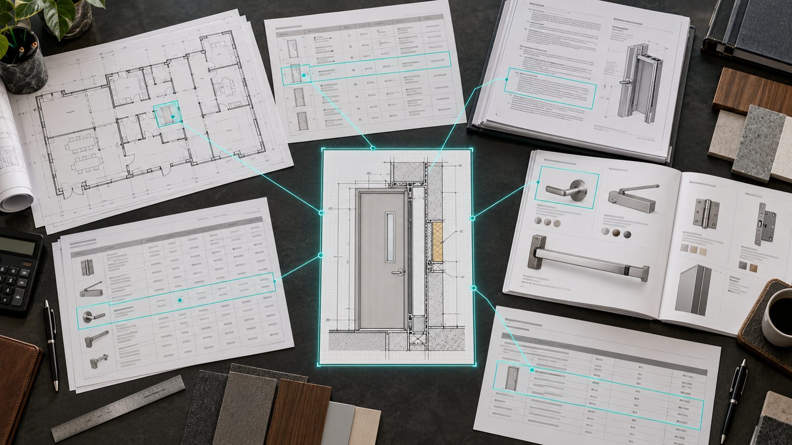 Plans, door schedule and hardware linked to one opening